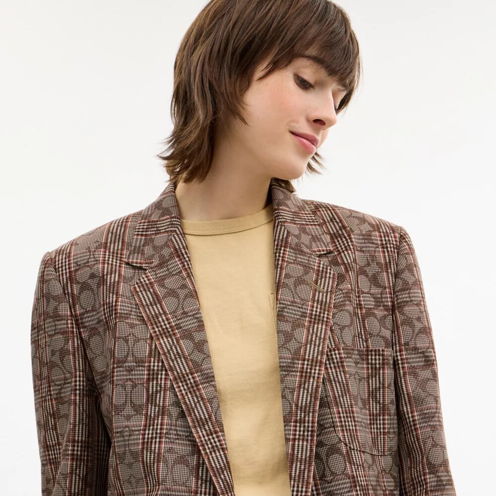 Blazer monopetto in tessuto a quadri "Signature C"
