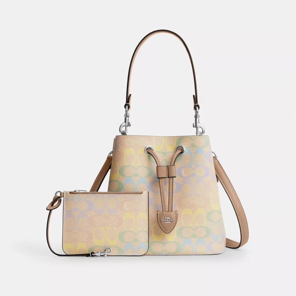 Borsa a secchiello Rowan in Signature Canvas Rainbow