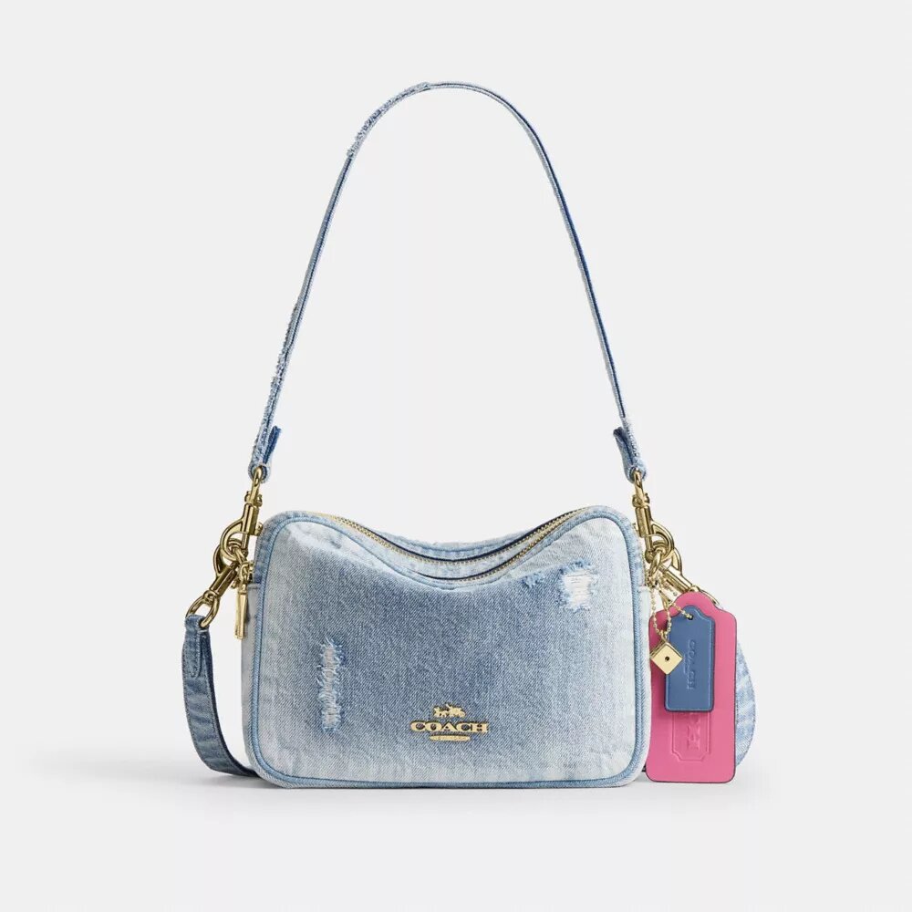Borsa a tracolla Carey in denim "Loved" con ciondoli
