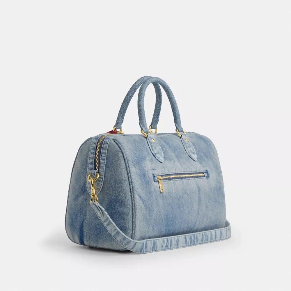 Borsa a tracolla grande Rowan in denim "Loved" con ciondoli