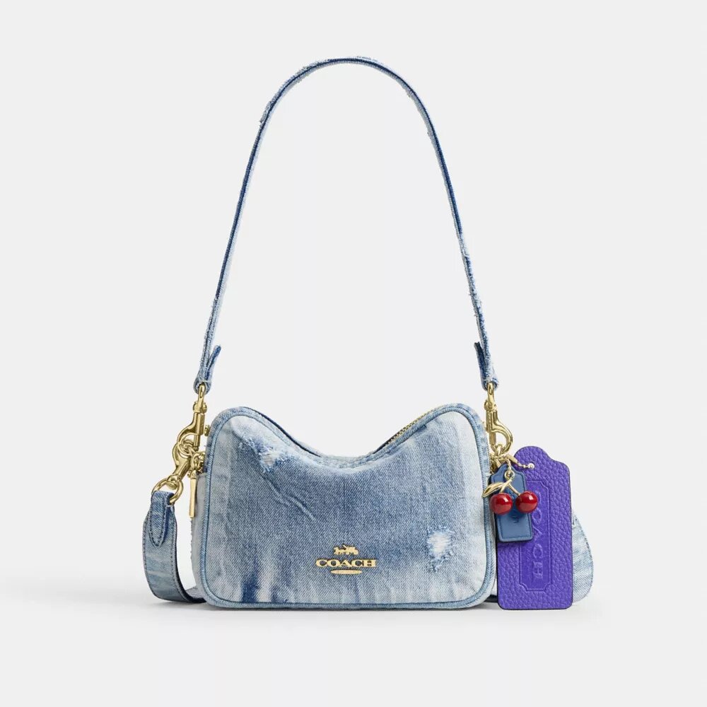 Borsa a tracolla Mini Carey in denim "Loved" con ciondoli