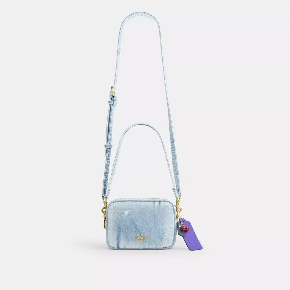 Borsa a tracolla Mini Carey in denim "Loved" con ciondoli
