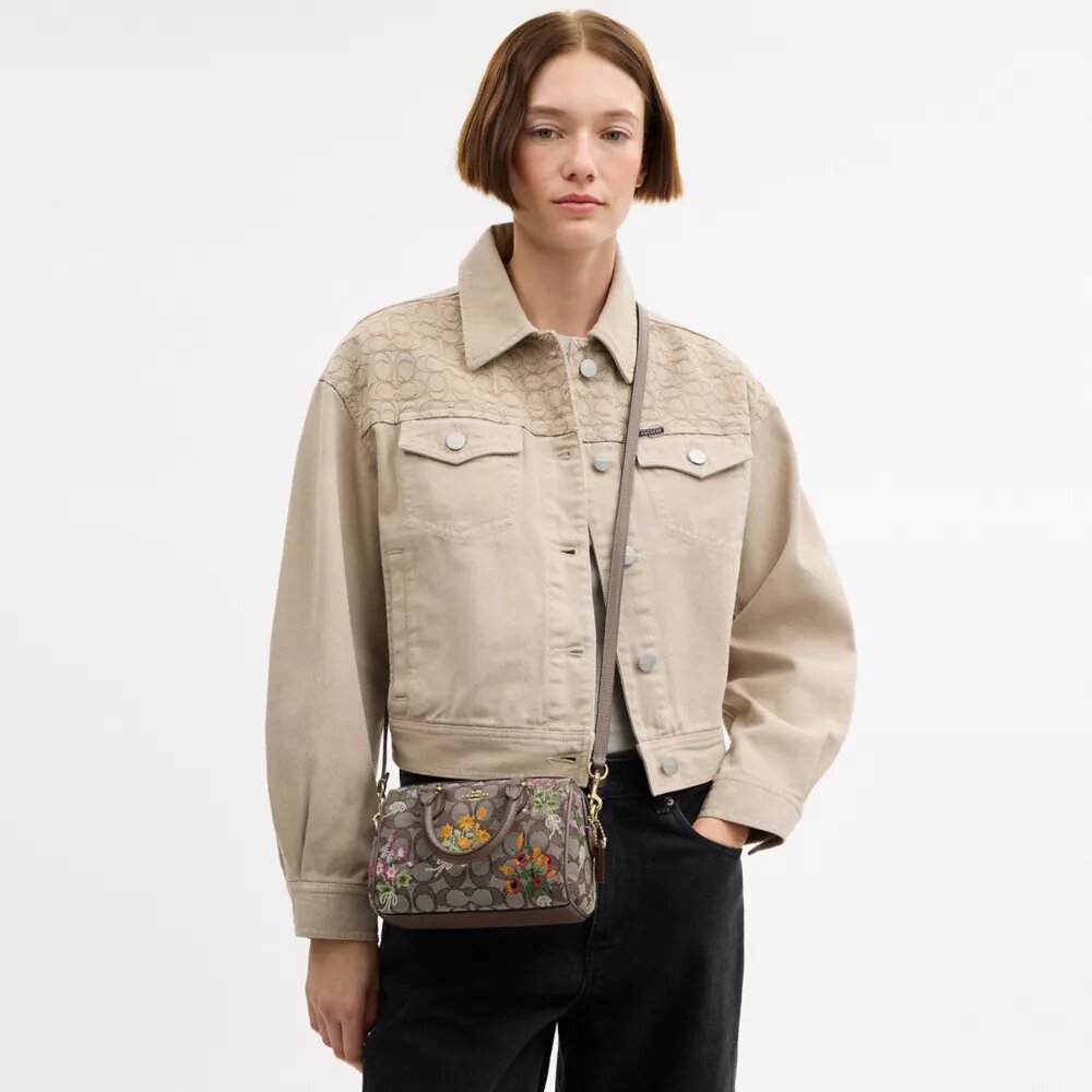 Borsa a tracolla Mini Rowan in jacquard esclusivo con ricami floreali
