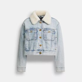 Giacca da camionista corta in denim Heritage C in cotone biologico con colletto in montone