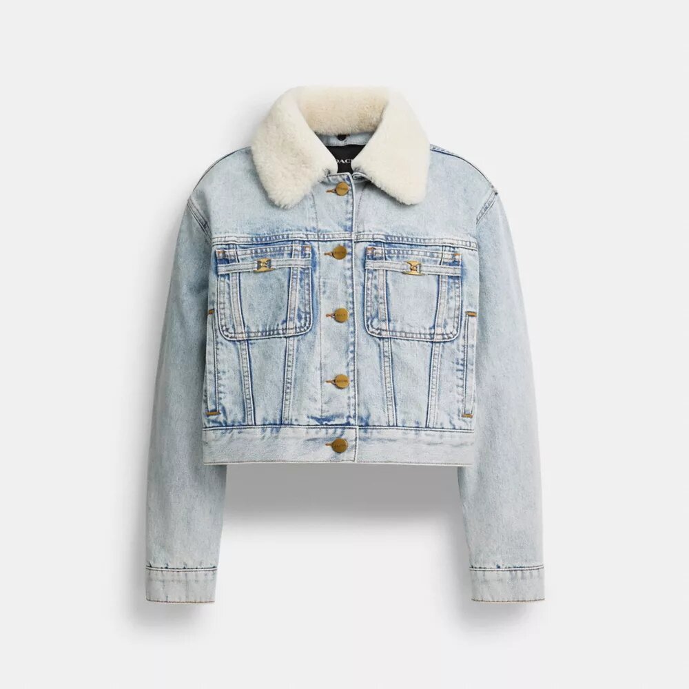 Giacca da camionista corta in denim Heritage C in cotone biologico con colletto in montone