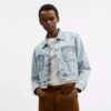 Giacca da camionista corta in denim Heritage C in cotone biologico con colletto in montone