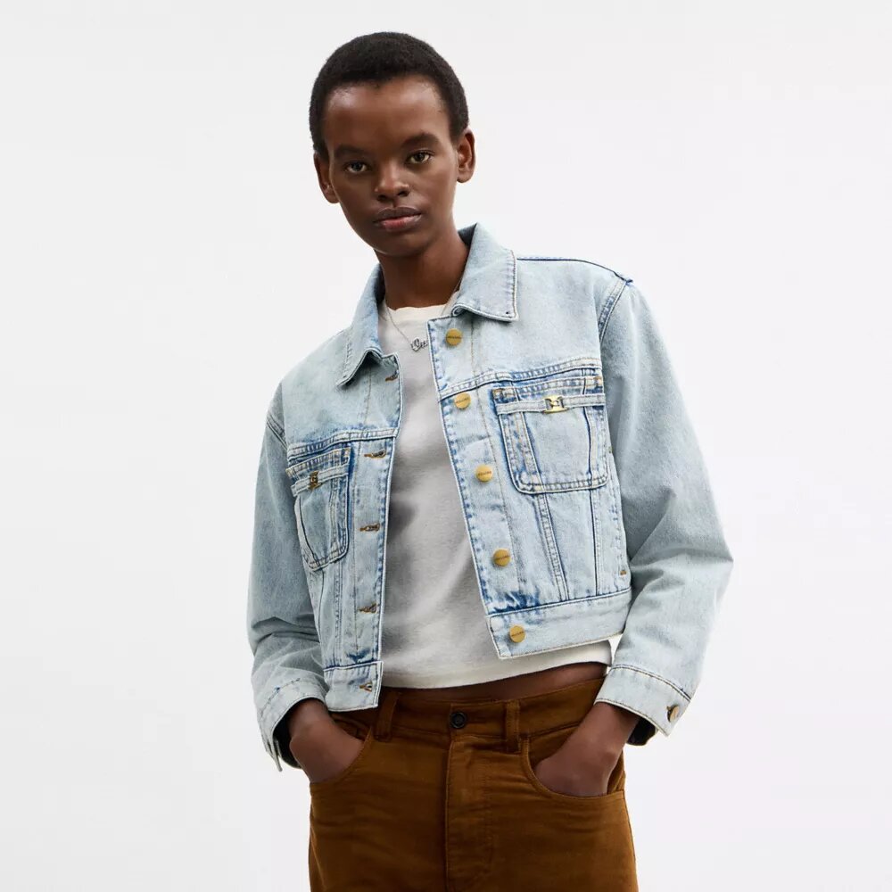 Giacca da camionista corta in denim Heritage C in cotone biologico con colletto in montone