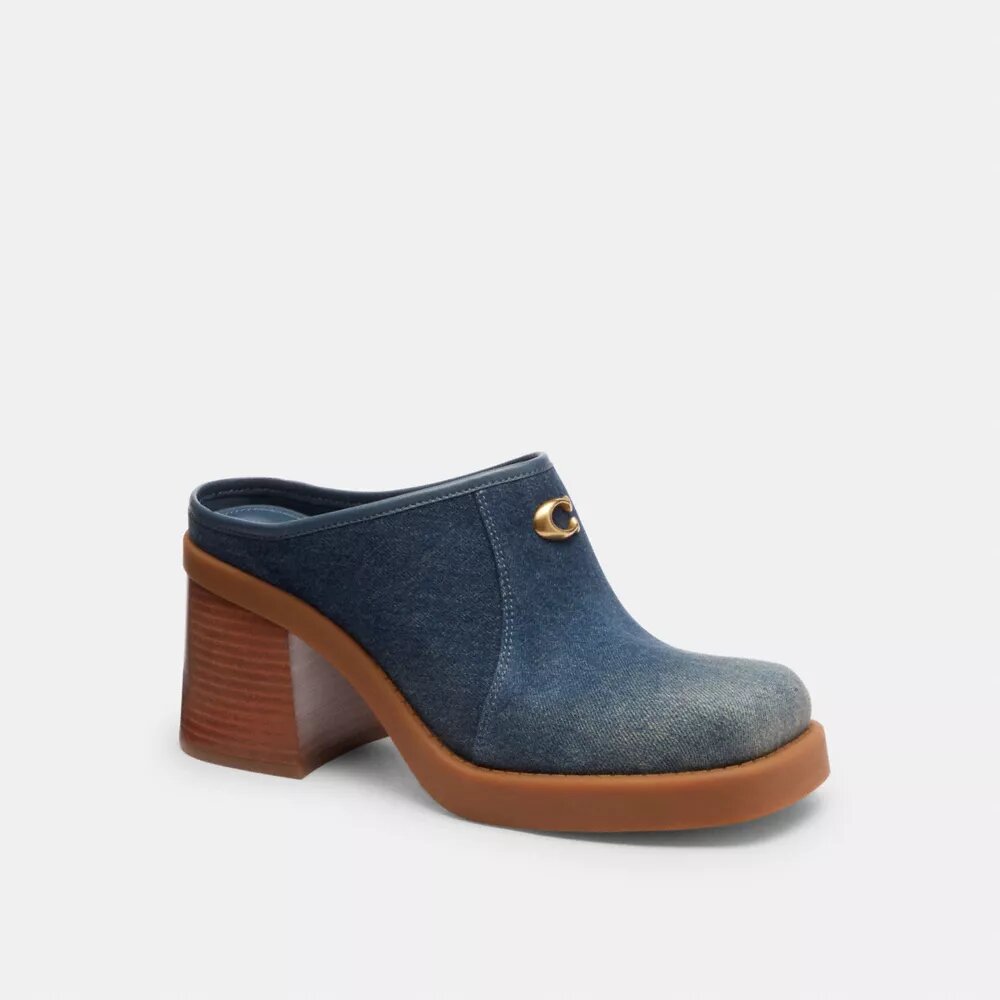 Sabot con tacco e logo C scolpito in denim "Loved"
