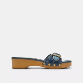 Sandali Margot in legno con caratteristico patchwork in denim