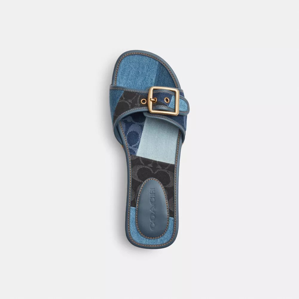 Sandali Margot in legno con caratteristico patchwork in denim